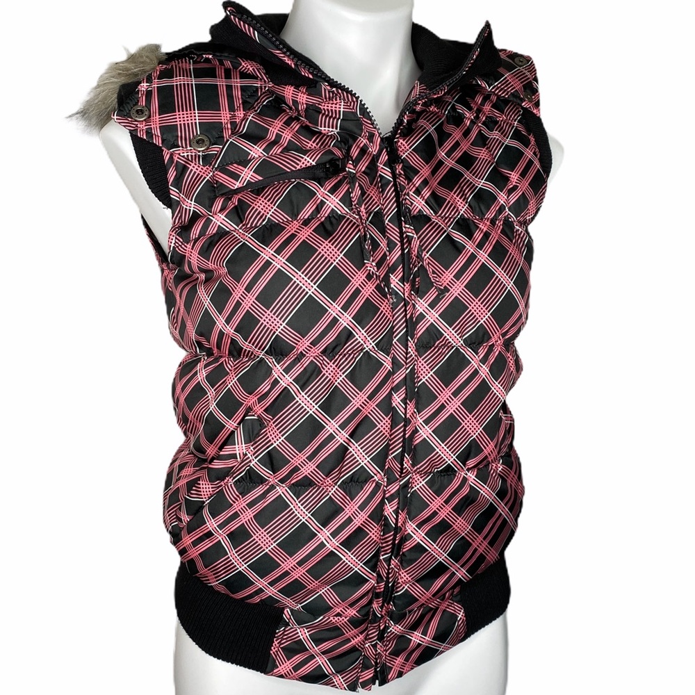 New! Pink and Black Coat Vest with faux fur hood S